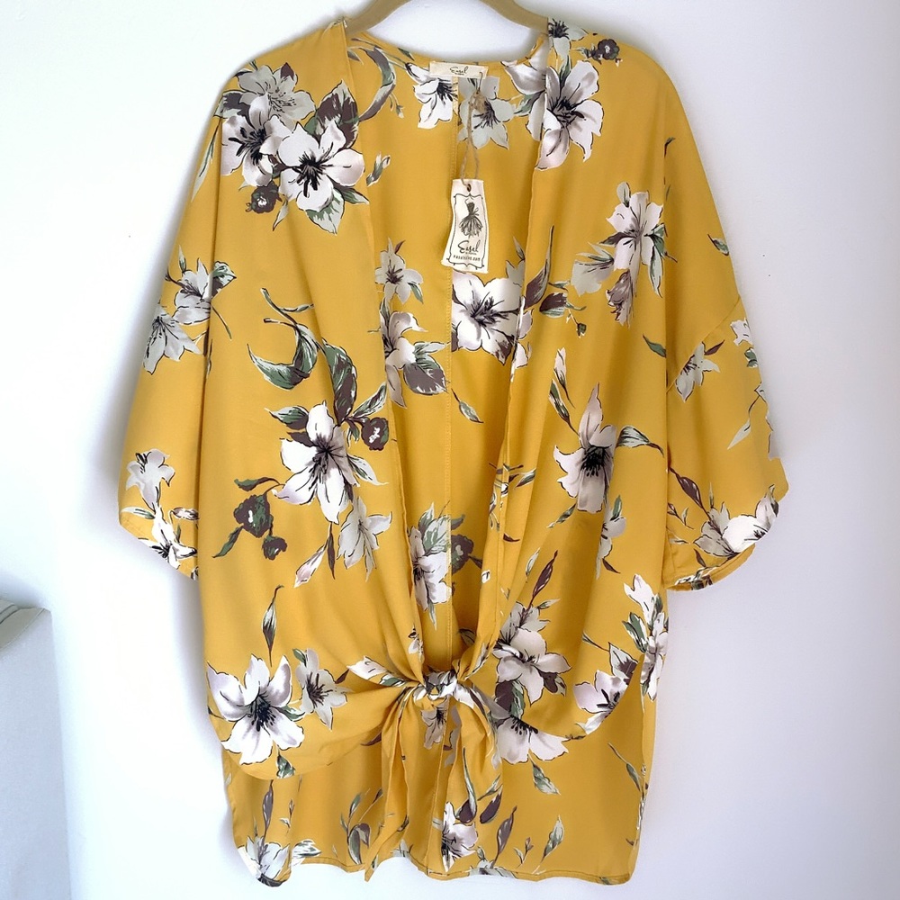 NEW Easel Floral Kimono Topper Gold Yellow Abstract Floral Print Women Sizes NWT - Picture 12 of 14